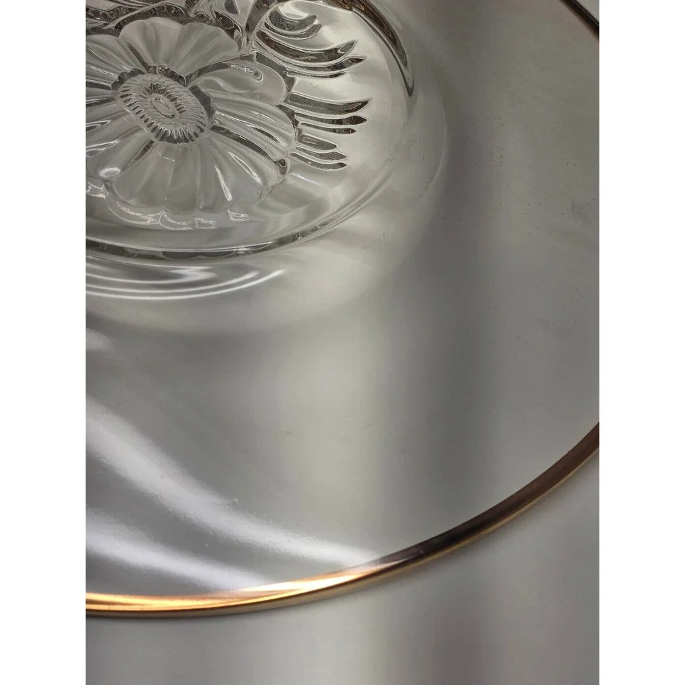 Vintage Clear Glass Cake Plate Gold Rim Embossed‎ Floral Dahlia Platter 13.5in